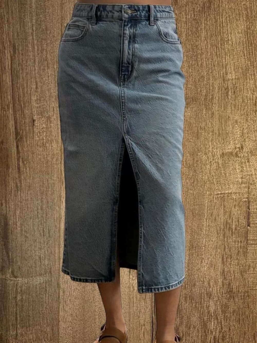 Free People Denim Midi Skirt with Front Slit - Blue